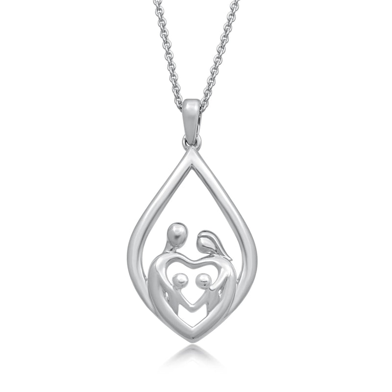 Jewelili Sterling Silver With Parent and Two Children Family Necklace Pendant