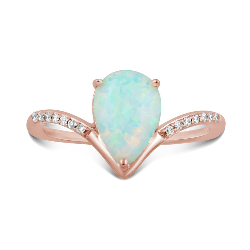 Jewelili 10K Rose Gold With Created Opal and Natural White Diamonds Teardrop Ring