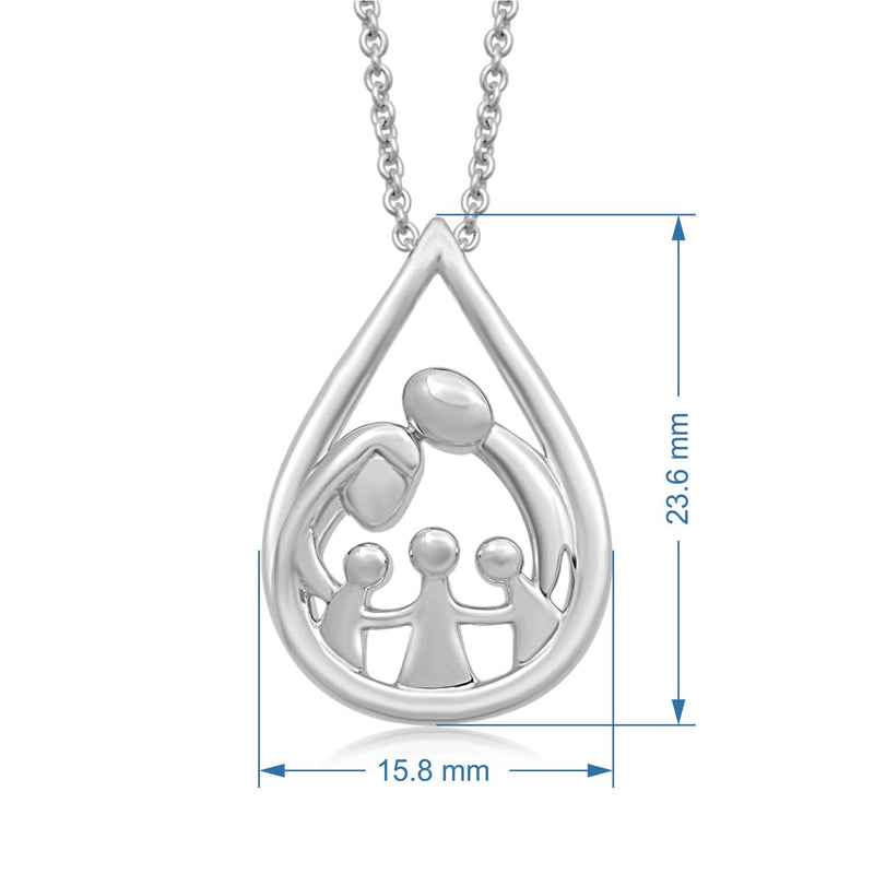 Jewelili Sterling Silver With Parent and Three Children Family Teardrop Pendant Necklace