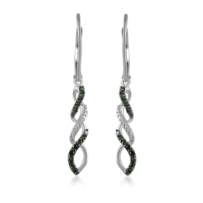 Jewelili Twist Drop Earrings with Green and White Natural Diamond in Sterling Silver 1/6 CTTW view 1