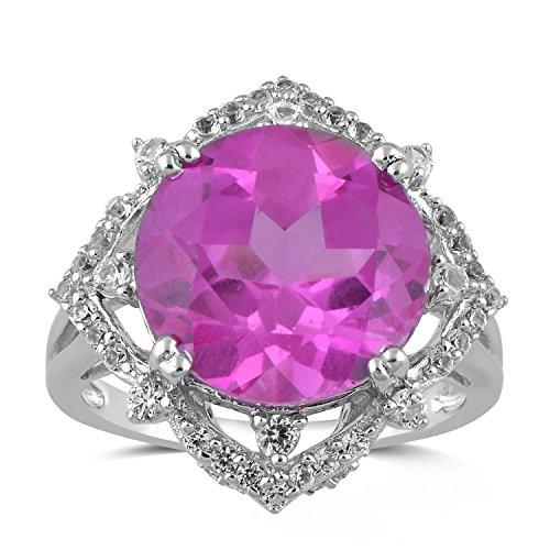 Jewelili Halo Cushion Ring with Round Created Pink Sapphire and Round Created White Sapphire Sterling Silver View 1