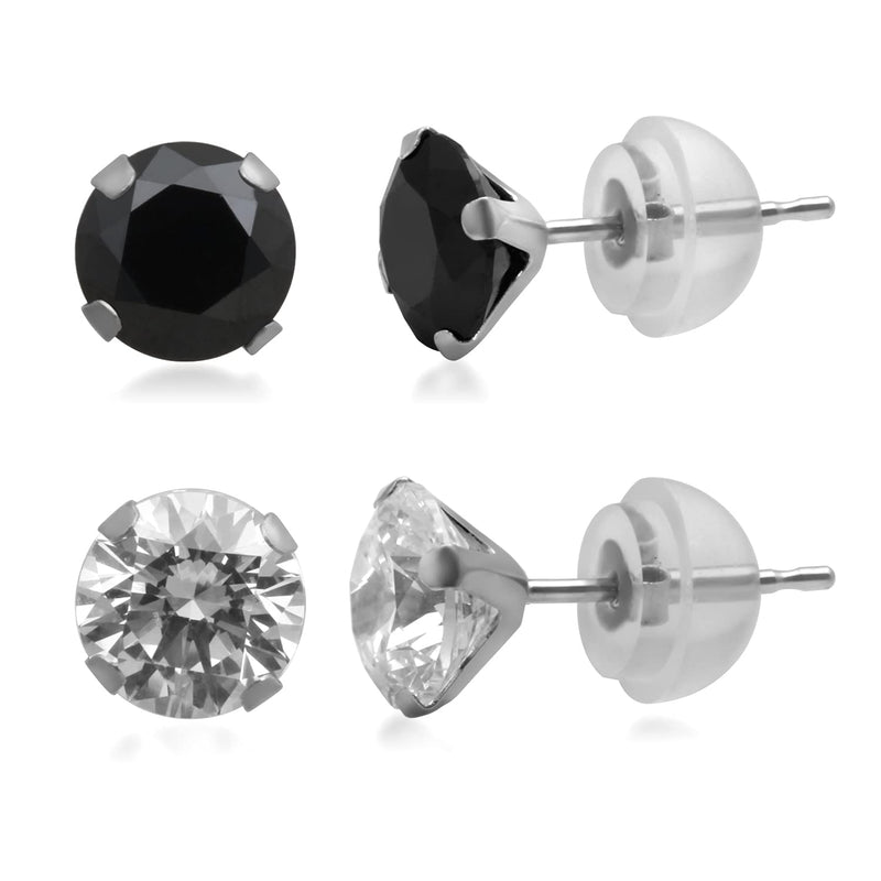 Jewelili Cubic Zirconia Earrings Stud Box Set with Black and White Round in 10K White Gold 