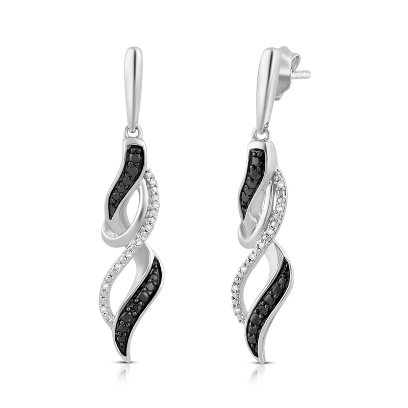 Jewelili Twisted Infinity Dangle Earrings with Treated Black and Natural White Round Shape Diamonds over Sterling Silver