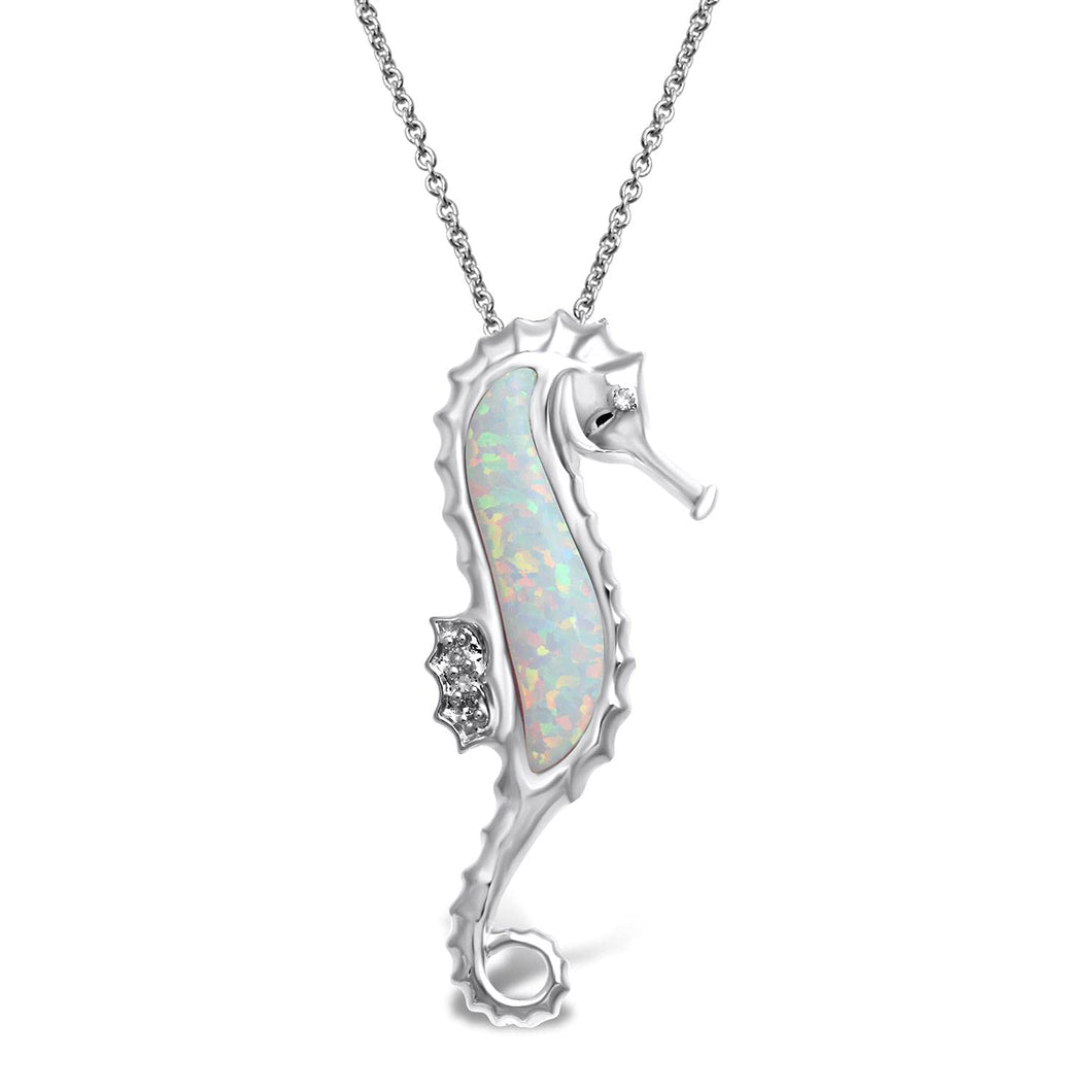 Jewelili Sterling Silver with Created Opal and White Round Diamonds Seahorse Pendant Necklace