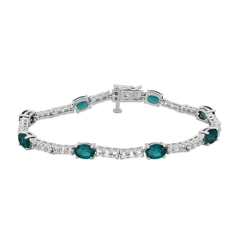 Jewelili Bracelet Created Emerald and Created White Sapphire in Sterling Silver