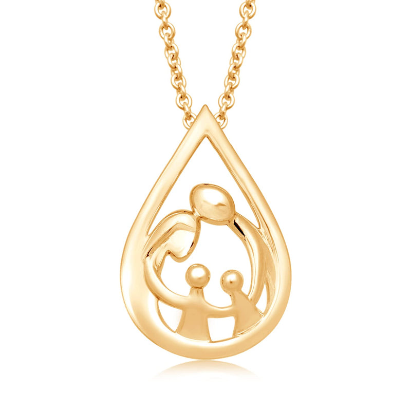 Jewelili Parent and Two Children Family Teardrop Pendant Necklace in Yellow Gold over Sterling Silver Cable Chain View 1