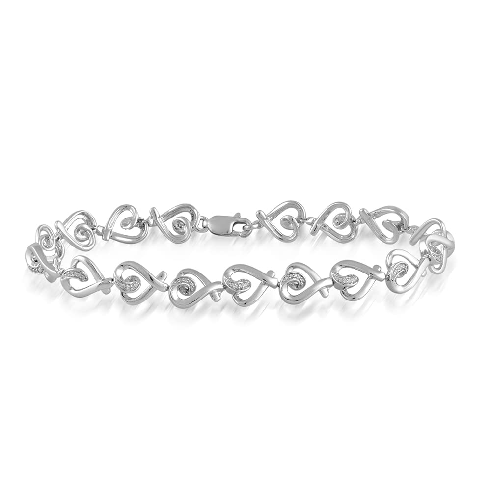 Jewelili Heart Bracelet with Natural White Round Diamonds in Sterling Silver 1/6 CTTW View 1
