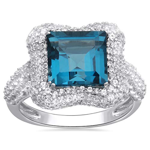 Jewelili Fashion Ring with London Blue Topaz & Created White Sapphire in Sterling Silver View 1