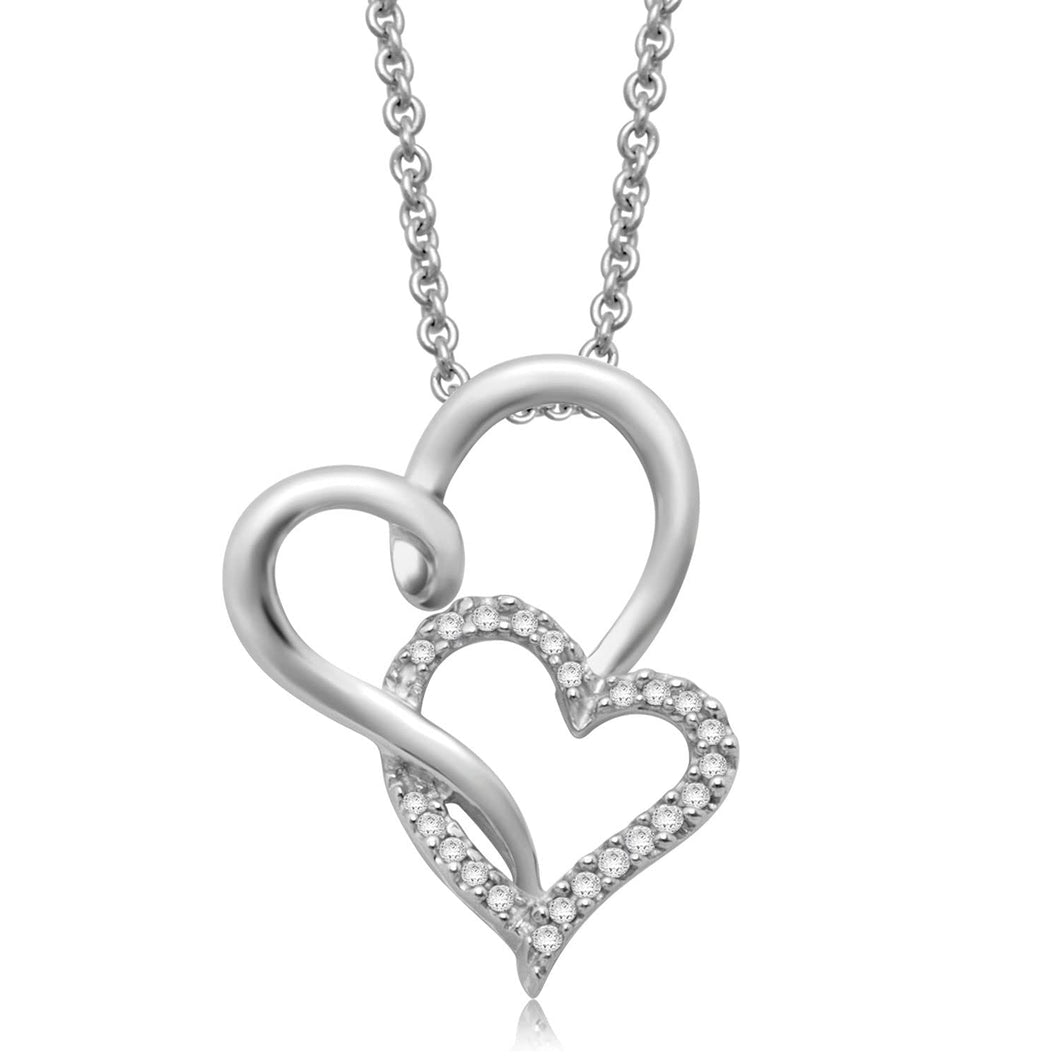 Jewelili Sterling Silver 1/10 CTTW Natural White Round Diamonds Double Heart Pendant Necklace