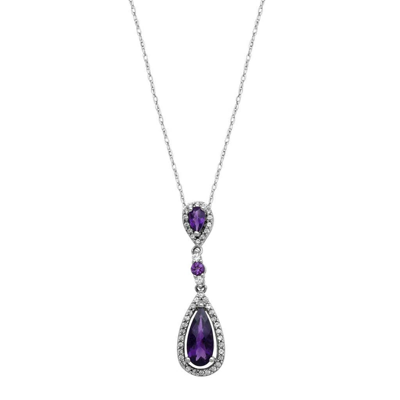 Jewelili Teardrop Pendant Necklace with Checkerboard Amethyst and Created White Sapphire in Sterling Silver View 1