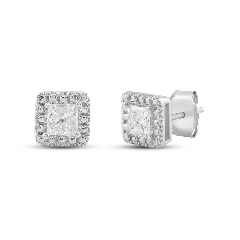 Jewelili Stud Earrings with Princess Cut Diamonds in 10K White Gold 1/2 CTTW View 1