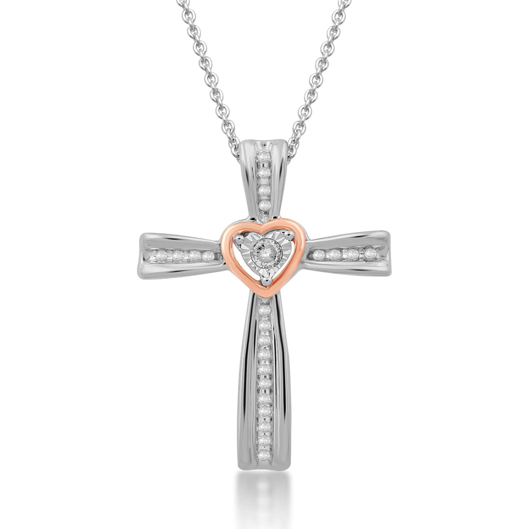 Jewelili Cross Pendant Necklace with Natural White Round Shape Diamonds in 14K Rose Gold over Sterling Silver 1/10 CTTW