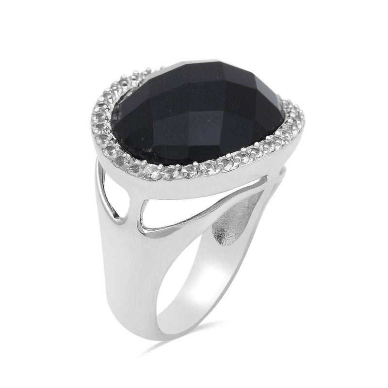 Jewelili Halo Ring with Oval Black Onyx and Created White Sapphire in Brass View 2