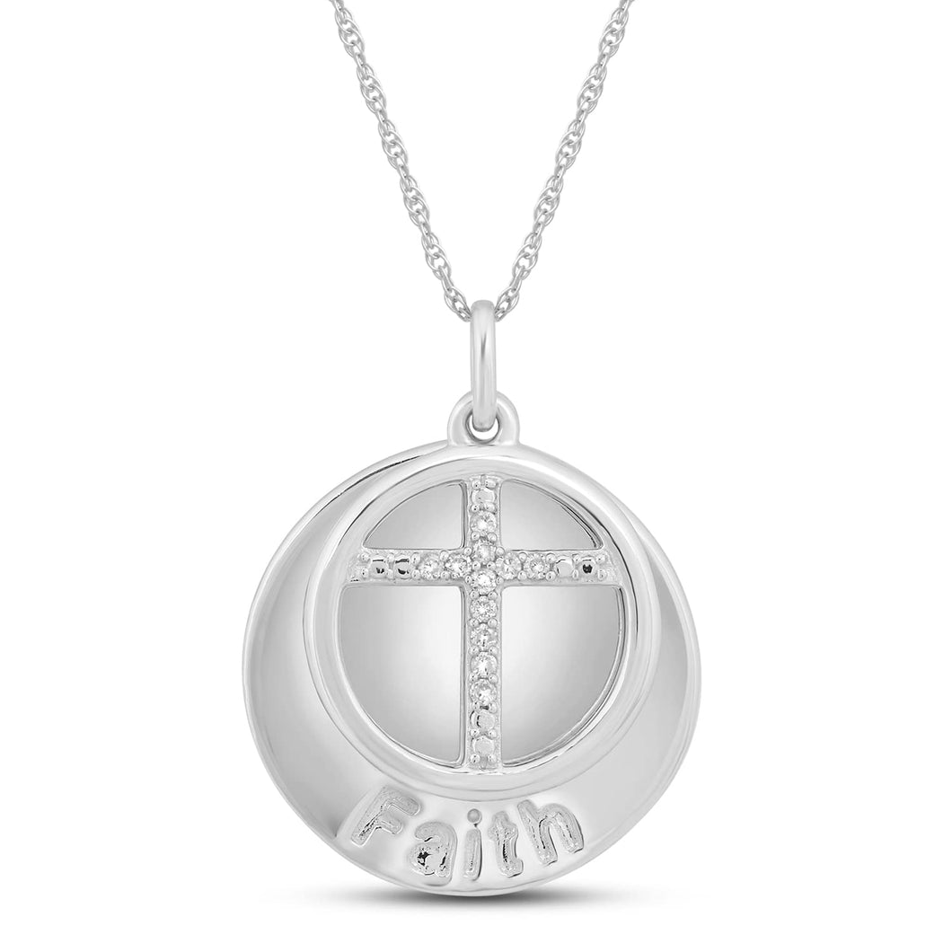 Jewelili Sterling Silver With Natural White Diamond Accent Faith Beaded Message Cross Pendant Necklace
