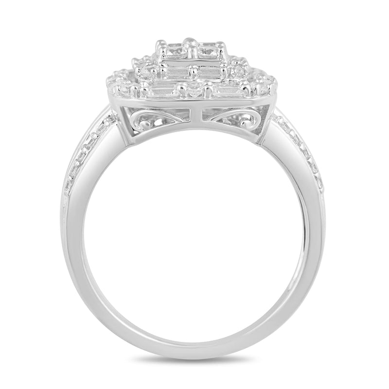 Jewelili 10K White Gold With 1.0 CTTW Baguette and Round Natural White Diamonds Ring