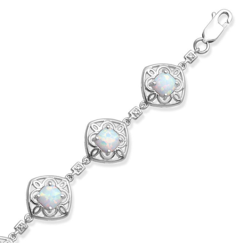 Jewelili Link Bracelet with Created Opal and Natural Diamonds in Sterling Silver View 2