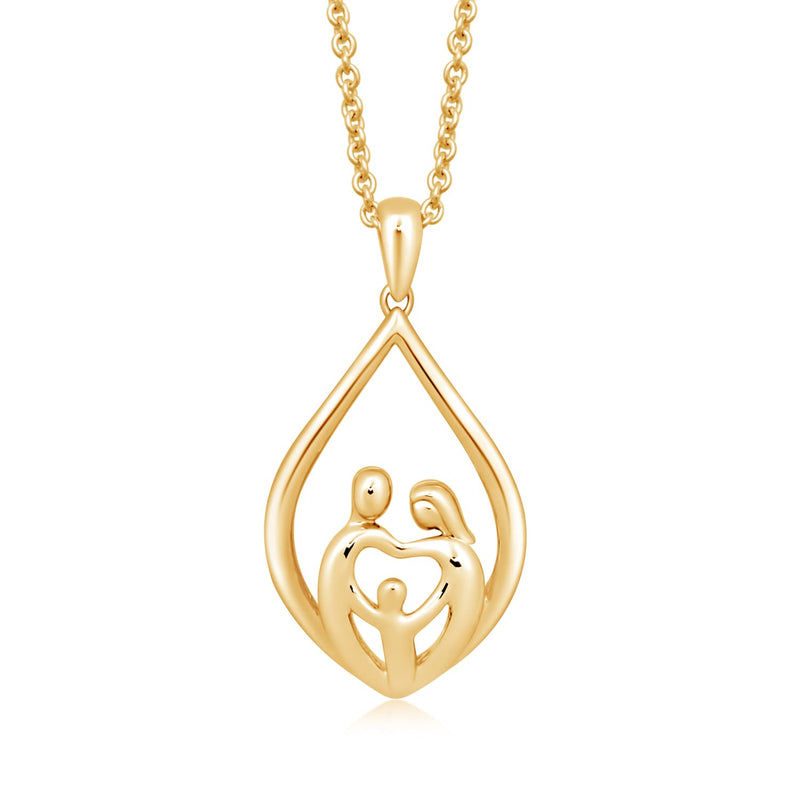 Jewelili 18K Yellow Gold Over Sterling Silver With Parent and One Child Family Teardrop Pendant Necklace