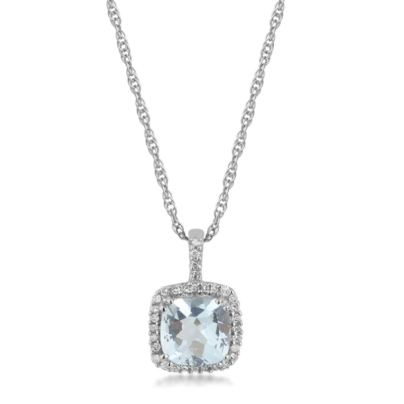 Jewelili Halo Pendant Necklace with Aquamarine and Natural White Diamonds in 10K White Gold View 1