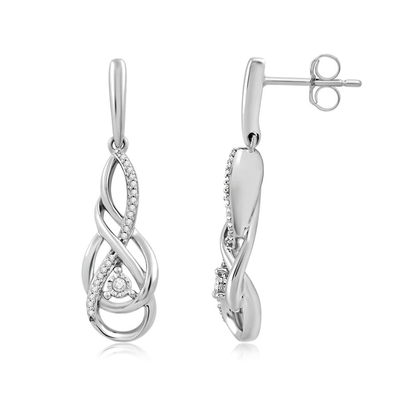 Jewelili Dangle Earrings with Natural White Round Diamonds in Sterling Silver 1/10 CTTW View 3