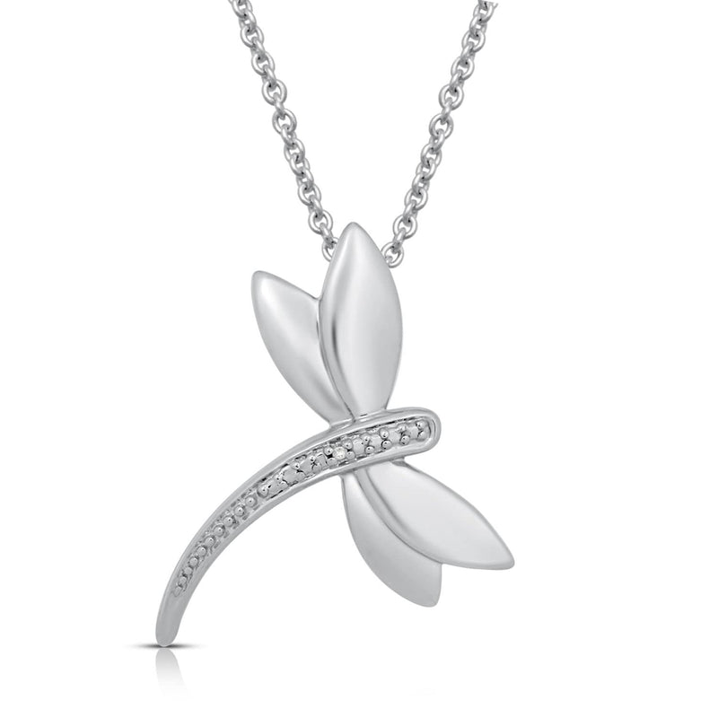 Jewelili Sterling Silver With Natural White Diamonds Dragonfly Pendant Necklace