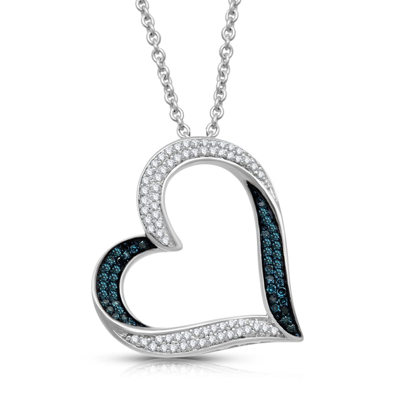 Jewelili Sterling Silver With 1/3 CTTW Treated Blue and Natural White Diamonds Heart Pendant Necklace