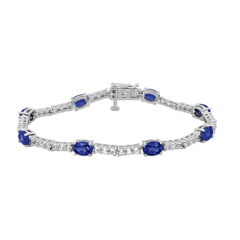 Jewelili Bracelet Created Blue Sapphire and Created White Sapphire in Sterling Silver