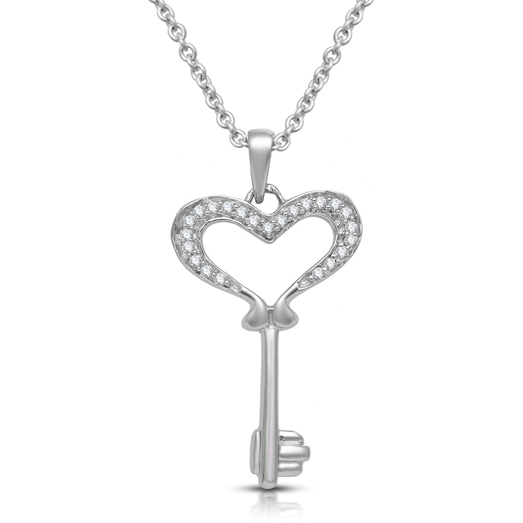 Jewelili Sterling Silver With Natural White Diamonds Heart Shape Key Pendant Necklace