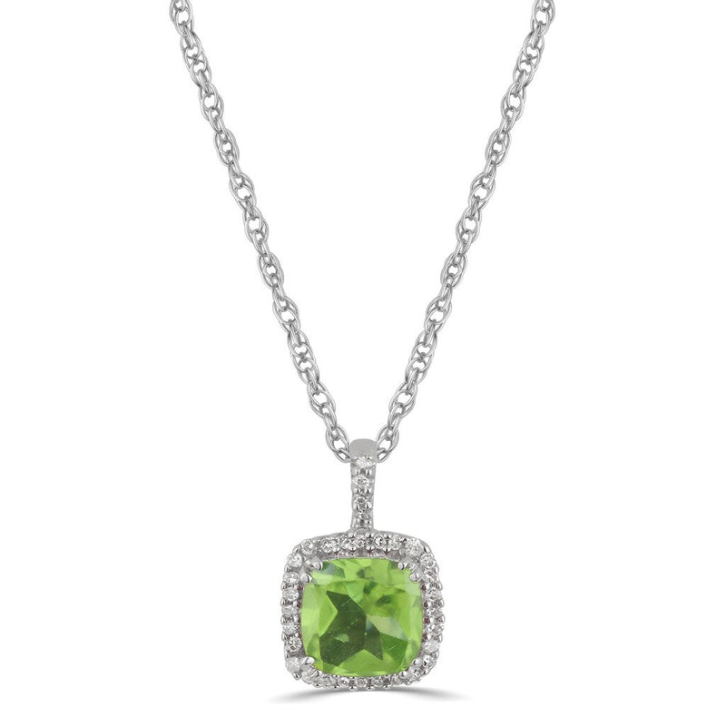 Jewelili Halo Pendant Necklace with Peridot and Natural White Diamonds in 10K White Gold View 1