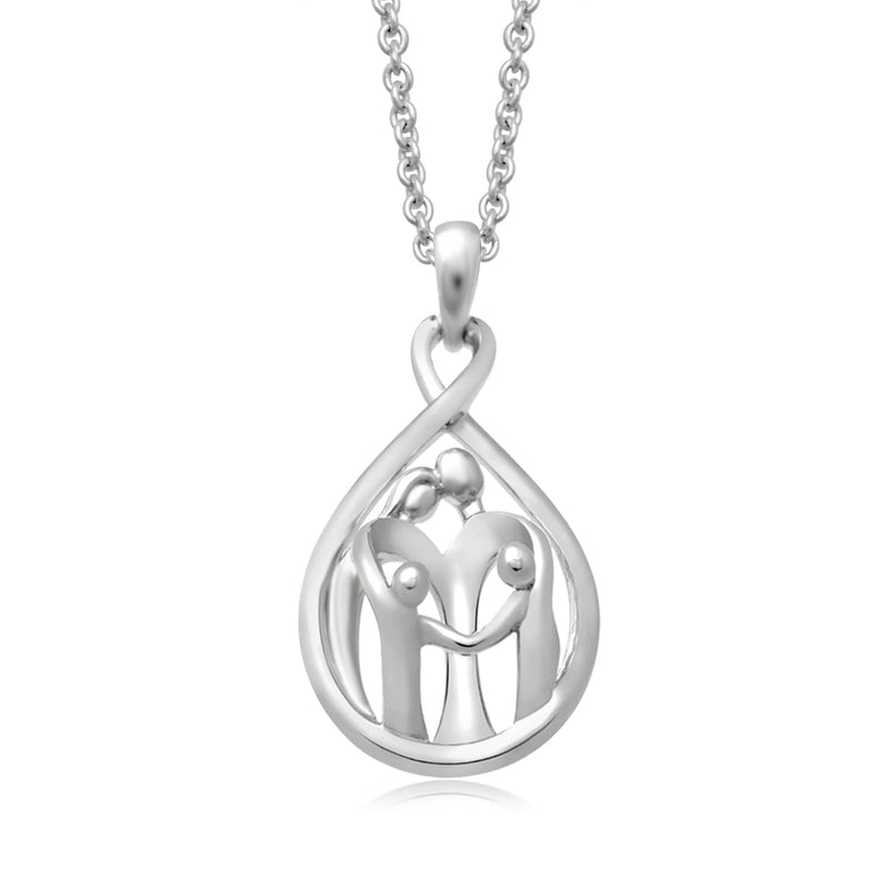 Jewelili Sterling Silver Parent and Two Children Family Pendant Necklace