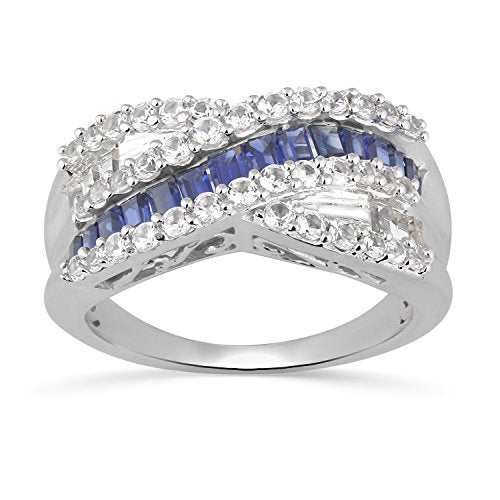 Jewelili Crossover Ring with Created Baguettes Ceylon Sapphire and Created Round & Baguettes White Sapphire in Sterling Silver View 1