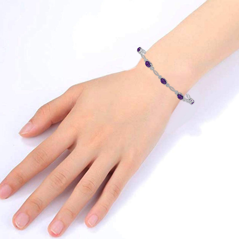 Jewelili Fashion Bracelet with Oval Shape Amethyst in Sterling Silver View 4