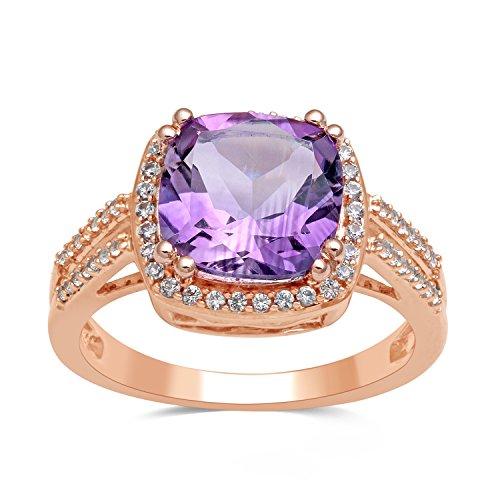 Jewelili Halo Double Row Ring with Cushion Cut Amethyst and Round Created White Sapphire in  Rose Gold over Sterling Silver View 1