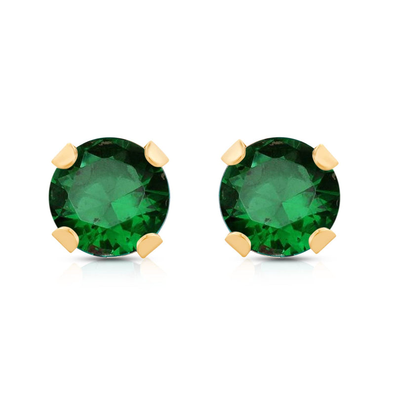 Jewelili Stud Earrings with Round Shape Created Emerald in 10K Yellow Gold view 2