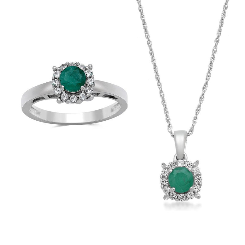Jewelili Sterling Silver With Emerald and Created White Sapphire Two Piece Jewelry Set
