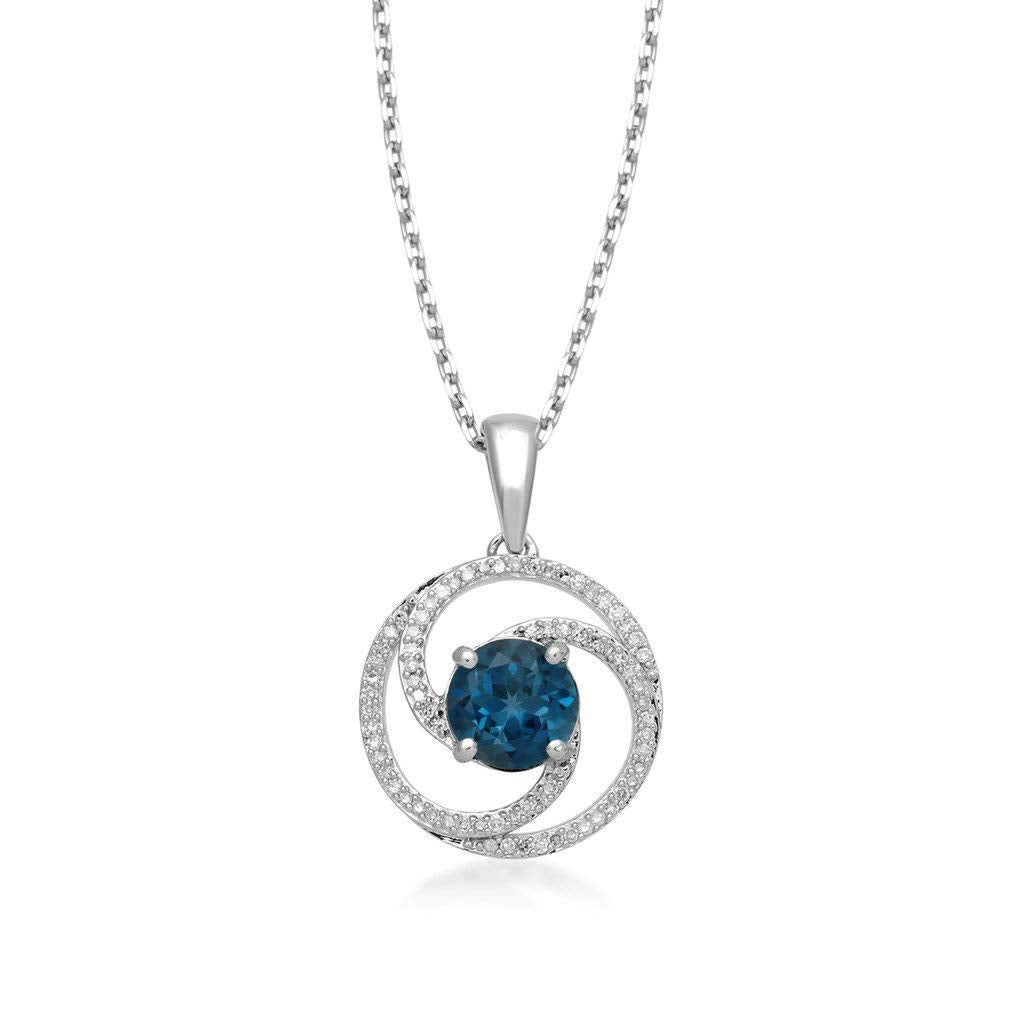 Jewelili Pendant Necklace with London Blue Topaz and Natural White Diamonds in Sterling Silver 1/6 CTTW View 1