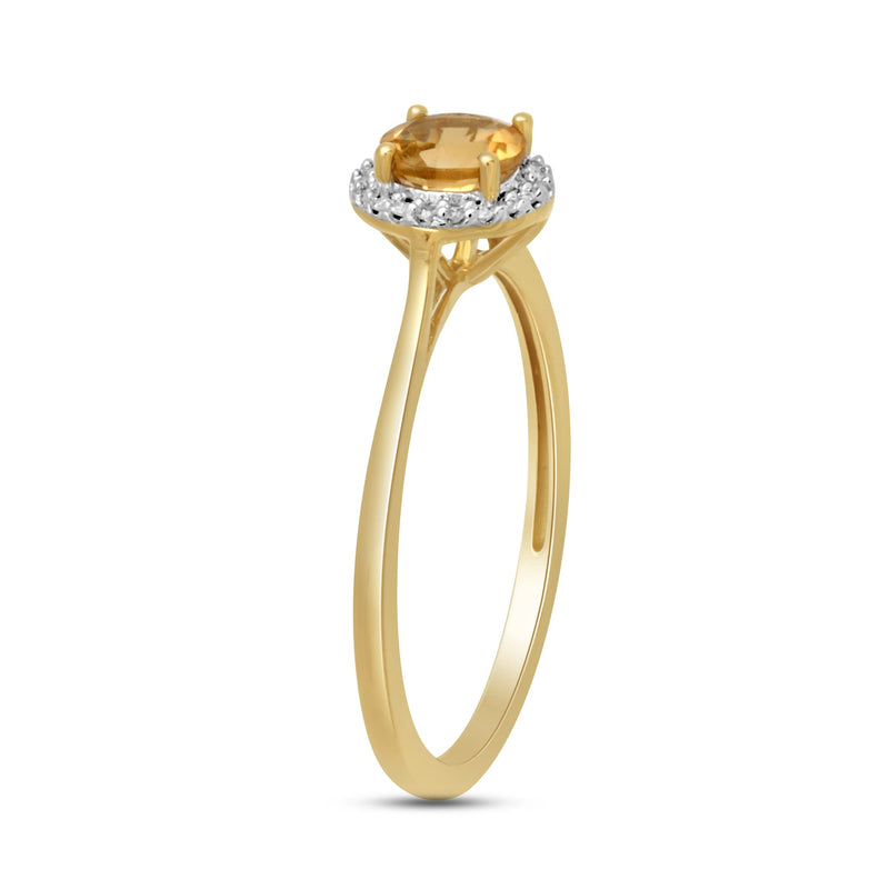 Jewelili 10K Yellow Gold With Genuine Citrine and Natural White Diamonds Halo Engagement Ring
