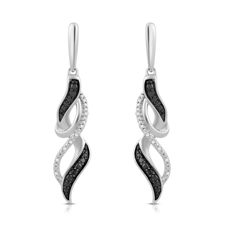 Jewelili Twisted Infinity Dangle Earrings with Treated Black and Natural White Round Shape Diamonds over Sterling Silver view 2