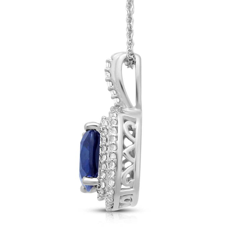Jewelili Cushion Shape Pendant Necklace with Created Ceylon Sapphire and Created White Sapphire in Sterling Silver View 2