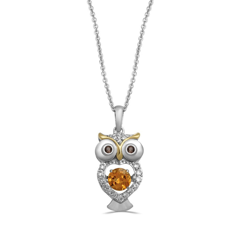 Jewelili Sterling Silver Round Shape Citrine with Smokey Quartz and Created White Sapphire Whimsical Owl Pendant Necklace