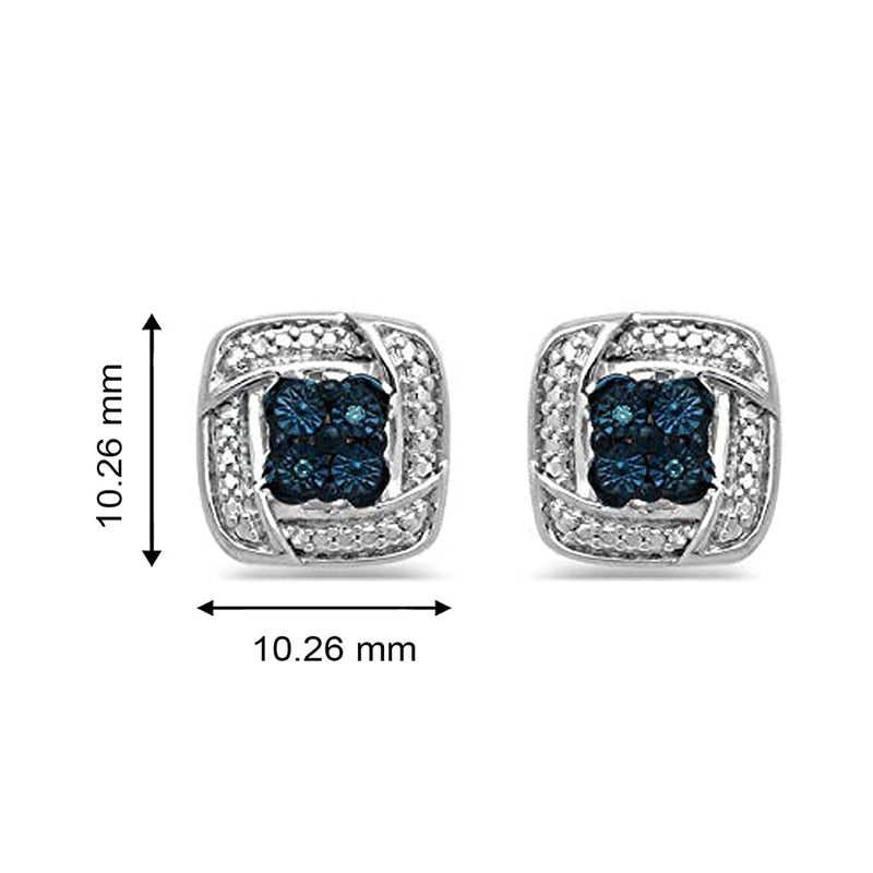 Jewelili Stud Earrings with Treated Blue Diamonds and White Natural Diamonds in Sterling Silver View 4