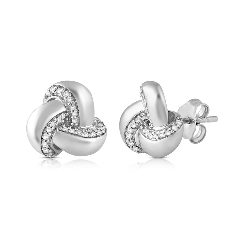 Jewelili Knot Stud Earrings with Diamonds in Sterling Silver 1/10 CTTW View 1