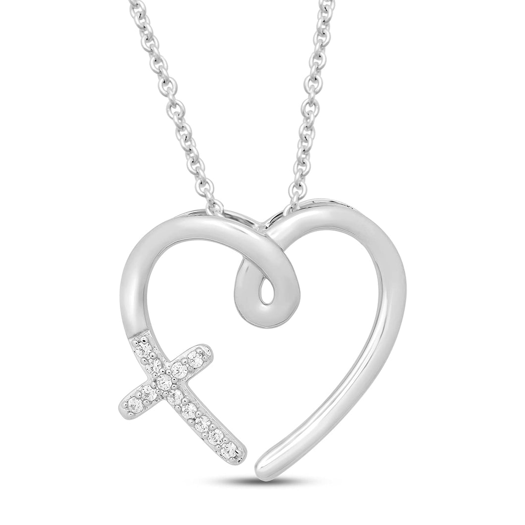 Jewelili Heart Pendant Necklace with Natural White Round Diamonds in Sterling Silver View 1