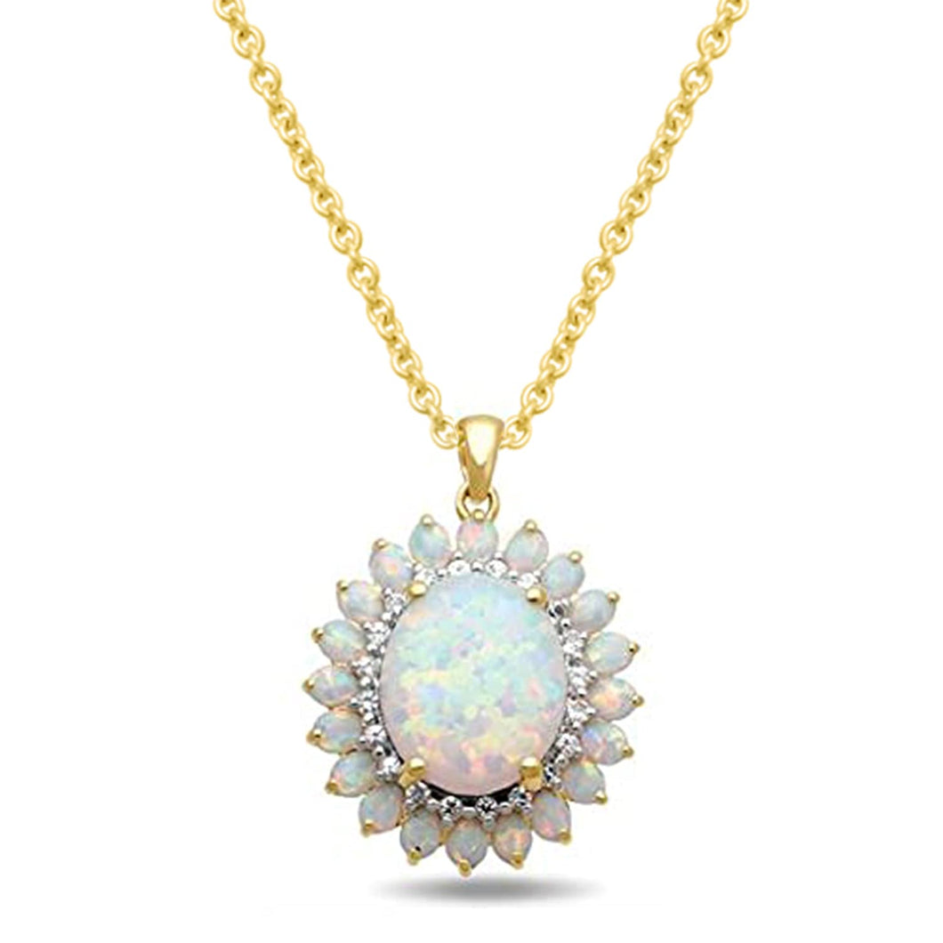 Jewelili Yellow Gold Over Sterling Silver  With Oval Shape and Pear Shape Created Opal and Round Created White Sapphire Pendant Necklace