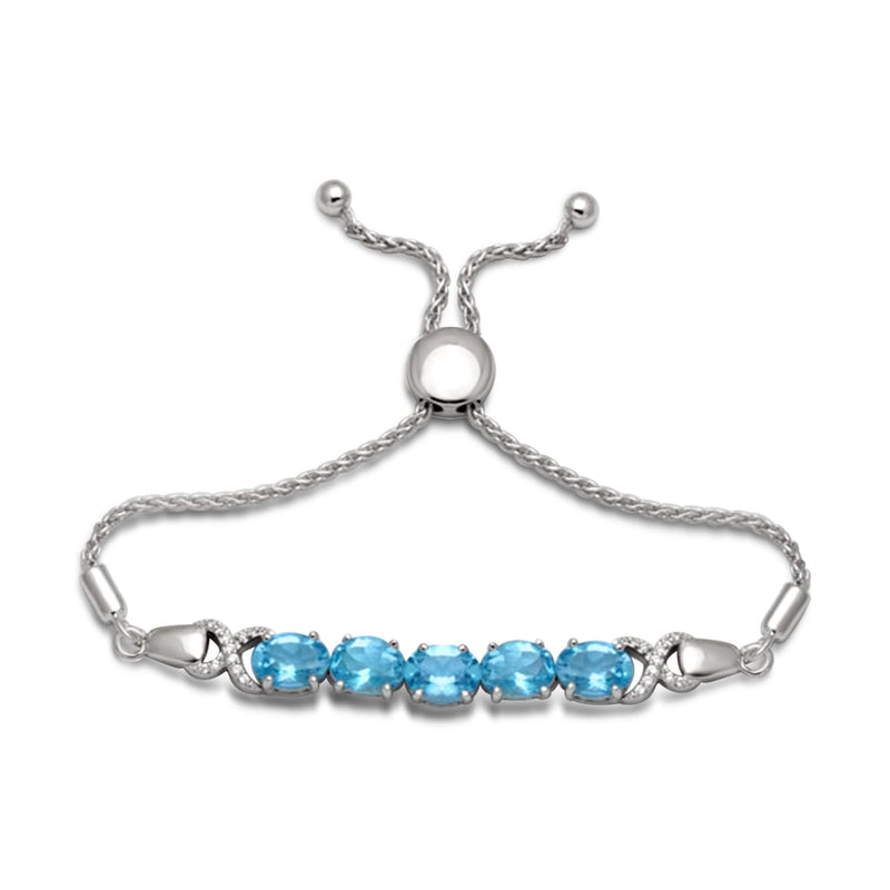 Jewelili Bolo Bracelet with Swiss Blue Topaz and White Topaz in Sterling Silver 9.5"