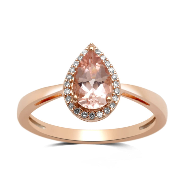 Jewelili 10K Rose Gold With Pear Morganite and Natural White Diamonds Teardrop Ring