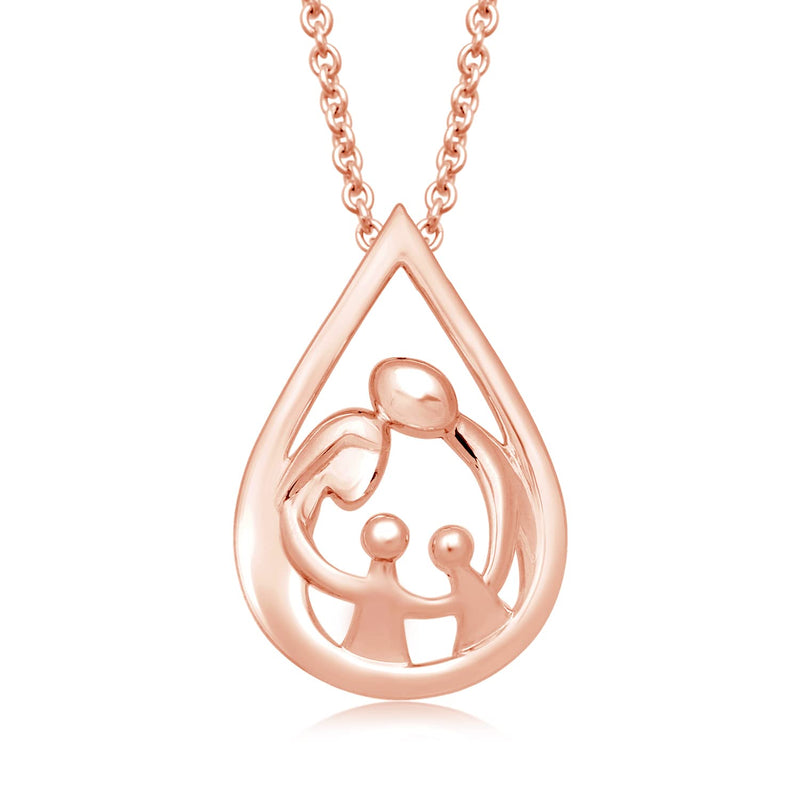 Jewelili Parent and Two Children Family Teardrop Pendant Necklace in 14K Rose Gold over Sterling Silver View 1
