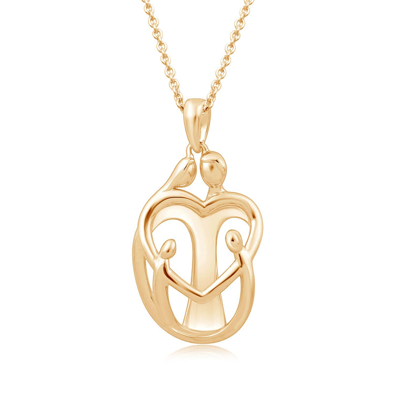 Jewelili Parent with Two Children Family Heart Pendant Necklace in 18K Yellow Gold over Sterling Silver View 1
