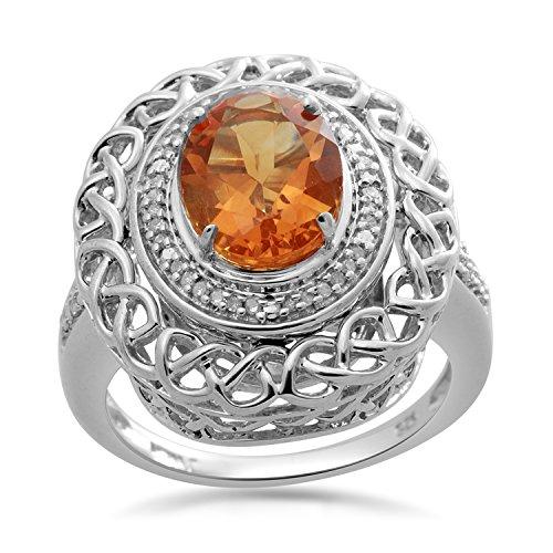 Jewelili Halo Ring with White Diamonds and Oval Citrine in Sterling Silver 1/10 CTTW View 1