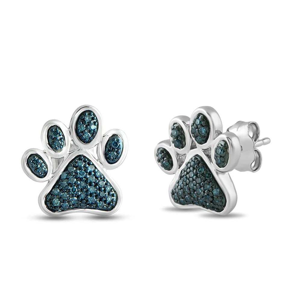 Jewelili Sterling Silver With 1/6 CTTW Treated Blue Diamond Dog Paw Stud Earrings