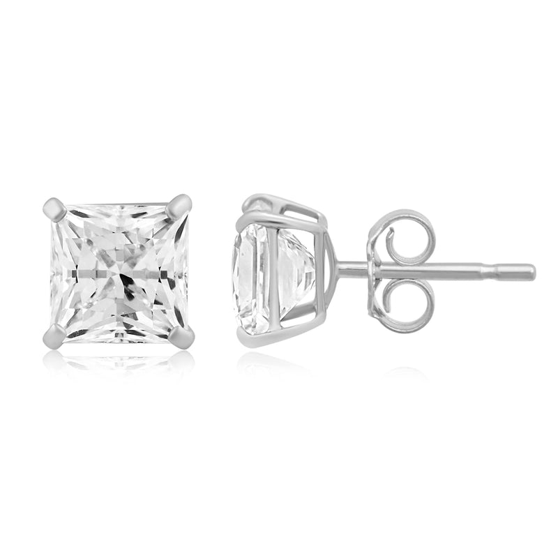 Jewelili Stud Earrings with Princess Shape Cubic Zirconia in 10K White Gold View 4